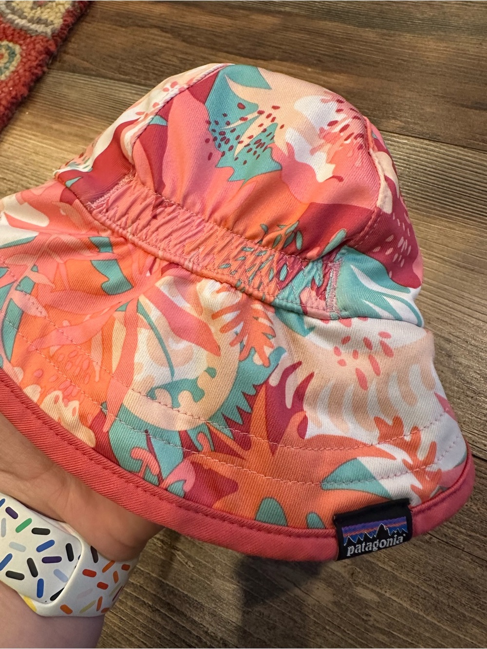 Patagonia Floral Sun Hat in Coral, Teal & White Baby Girl 3-6 Month Summer